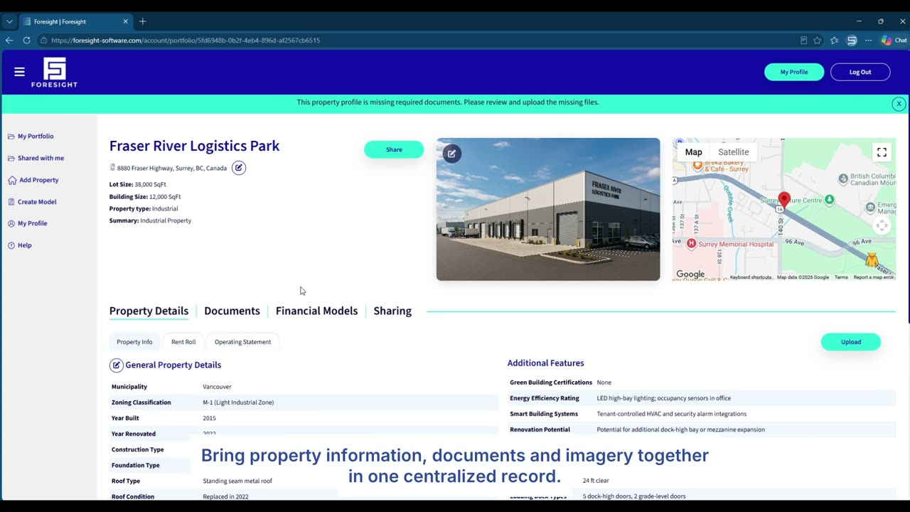 Foresight property profile for Fraser River Logistics Park showing extracted details, a building photo, and a map